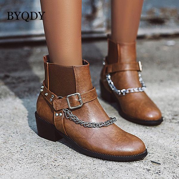 

boots byqdy rivet winter buckle strap ankle chunky mid heel chain autumn booties studded round toe plus size 34-48 discount, Black