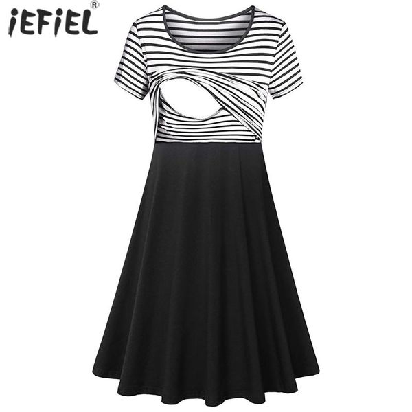 

maternity dresses pregnant women casual breastfeeding nursing dress summer short sleeve loose striped feeding pregnancy, White