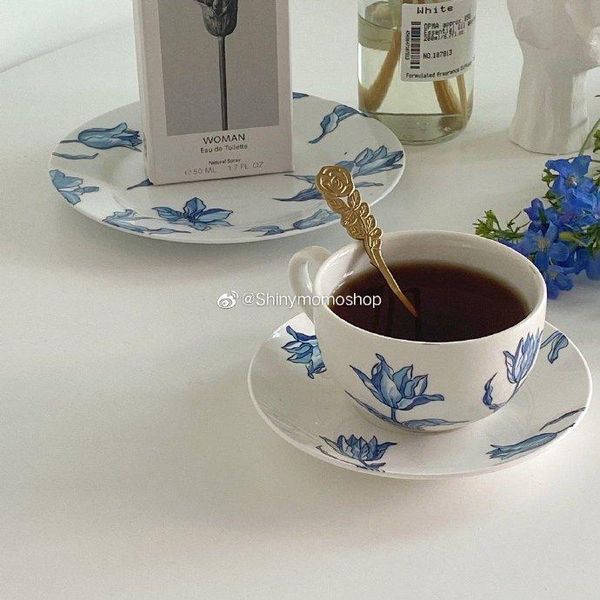 

cups & saucers tulip small tea blue ceramic cup breakfast home french retro with filter utensil wedding taza ceramica mug drinkware