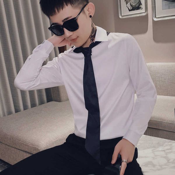 

tie shirt men long sleeve social party streetwear night club men clothing chemise homme casual slim fit dress shirts 210527, White;black