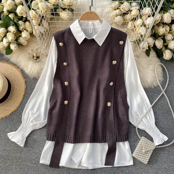 

women's blouses & shirts women chic twinset shirt casual white puffy sleeve blouse with loose knitted vest 2 pieces tn017