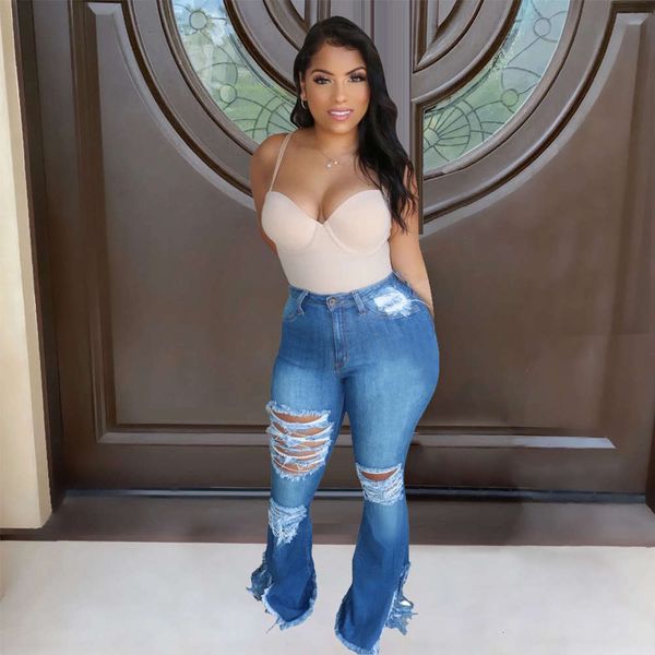 

2021 new with holes, tassels at the bottom, slim jeans and flared pants, White