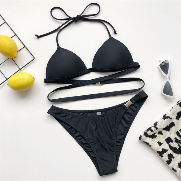 

2021 black halter bikini female swimsuit women swimwear two-pieces bikini set with bra cup bather bathing suit swim k2321