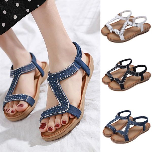 

woman shoes summer women's open-toe sandals bohemian rhinestone flats elastic band beach soft bottom comfortable shoe, Black