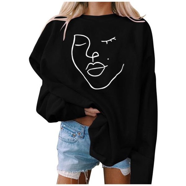 

women's hoodies & sweatshirts vintage print o-neck ladies ropa mujer blouses loose round neck blouse, Black