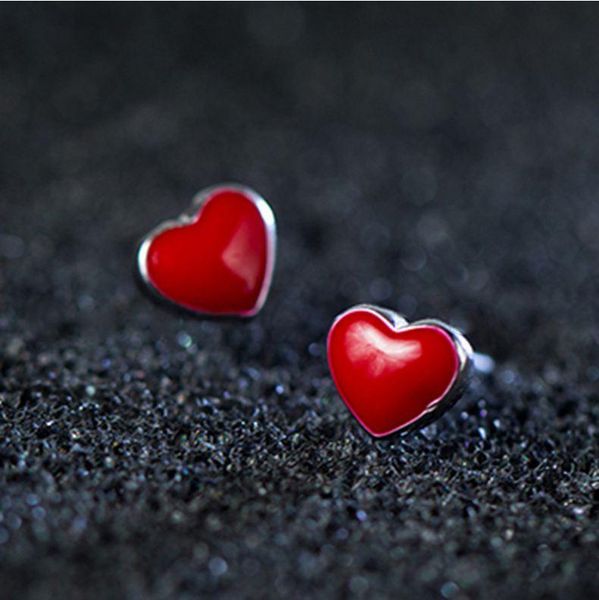 

stud cute small heart 925 silver earrings red color romantic jewelry oil drip for women birthday gifts girlfriend, Golden;silver