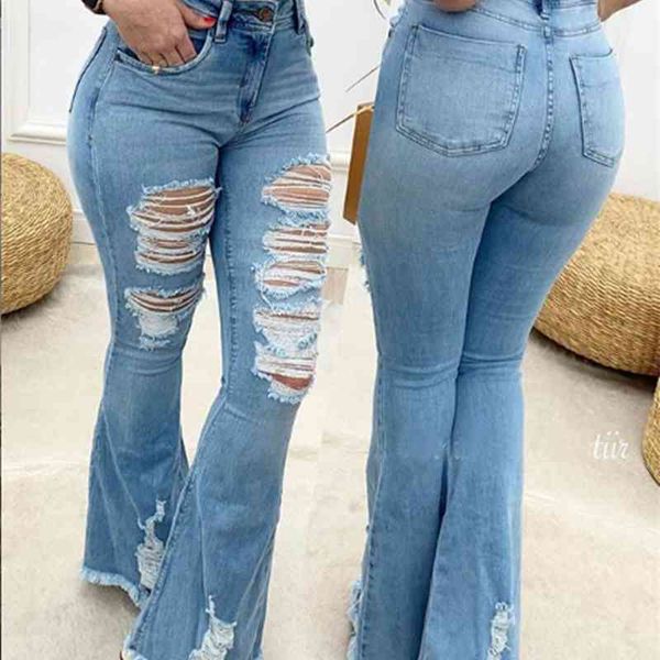 

70% off outlet online summer fashion woman ripped flare jeans elastic casual denim wide leg pants street hipster trousers s-2xl drop shippin, Blue