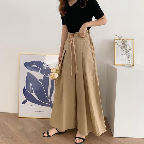 

women's pants & capris woman culottes drawstring elastic waist loose korean pleated hakama women trousers 2021 summer wide leg, Black;white