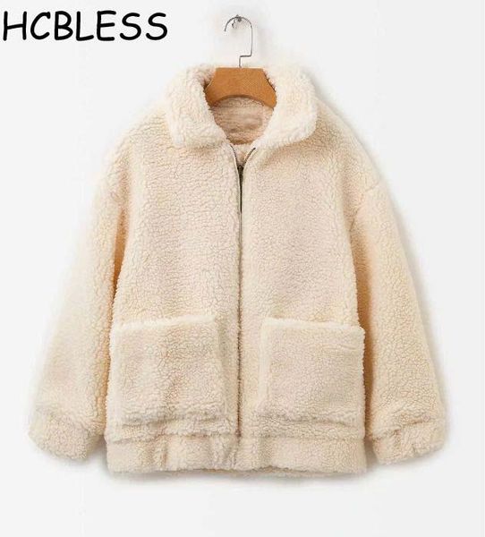 

women's wool & blends hcbless woolen coat 2021 autumn zipper large pocket lamb fur loose wild, Black