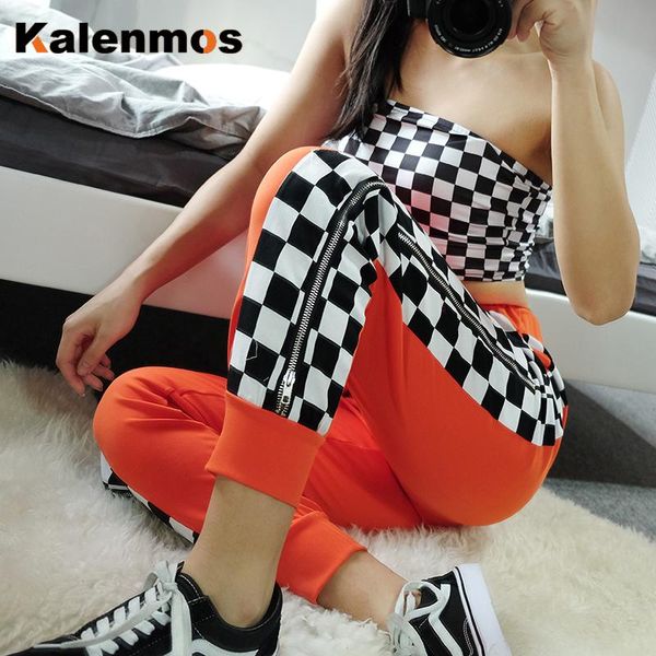 

women's pants & capris kalenmos women high waist checkerboard zipper split streetwear sweatpants trousers plaid pencil joggers tracksui, Black;white