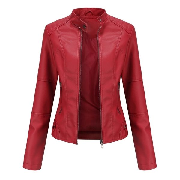 

leather jacket women autumn spring women's moto biker zipper jacket red black apricot coffee coat ladies outerwear brown 211130