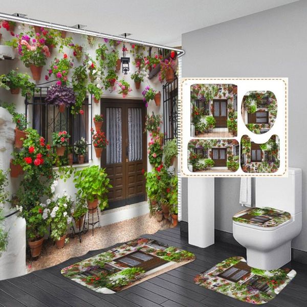 

shower curtains green leaf curtain flower door scenery with non slip rug mat bathroom waterproof polyester home decor 180x180cm