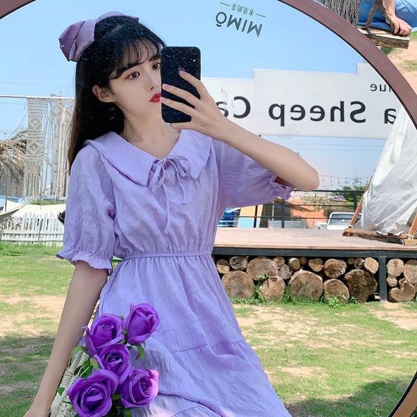 

summer women purple shorts sleeve high waist peter pan collar a-line beach dress female lace up holiday solid vestido 210517, Black;gray