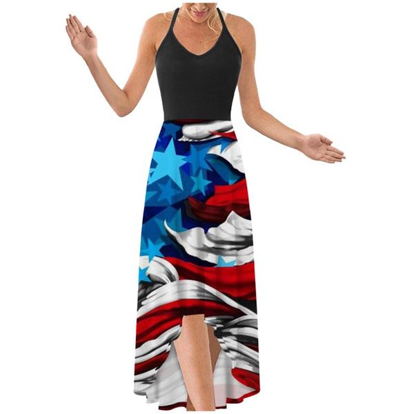 

casual dresses fashion ladies dress independence day festival printed v-neck halter vestido de mujer kobieta sukienka femme robe, Black;gray