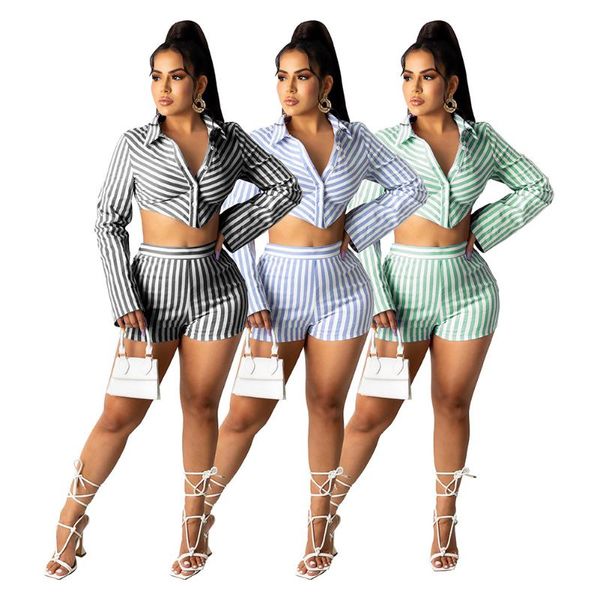 

women's tracksuits suit for woman shirt casual long sleeve short pants arrivals stripe office lady summer fashion turn over collar, Gray