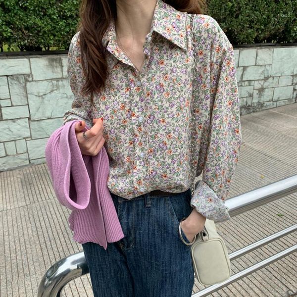 

hzirip sweet full sleeves arrival vintage printed flowers 2021 all match shirts women loose stylish blouses women's &1, White
