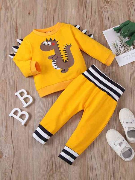 

baby boy dinosaur and striped print sweatshirt with sweatpants she, White
