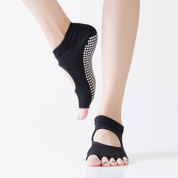 

socks hosiery straight yoga dispensing women's open back split toe sports floor socks, Black;white