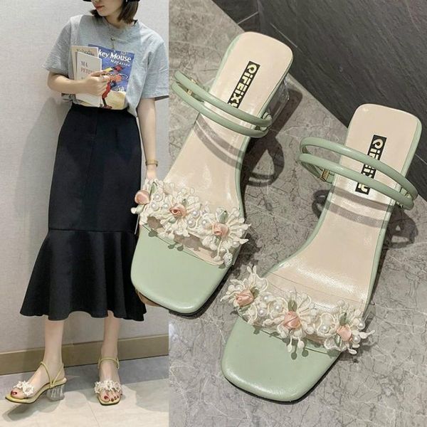 

sandals women's summer two wear 2021 fashion tide flower crystal high heel chunky women, Black