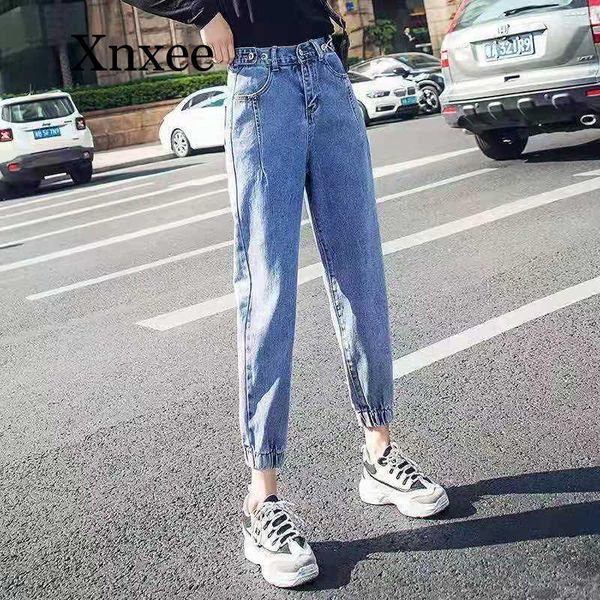 

women's jeans track pants women autumn 2021 long blue ladies loose nine elastic waist toe harem plus size