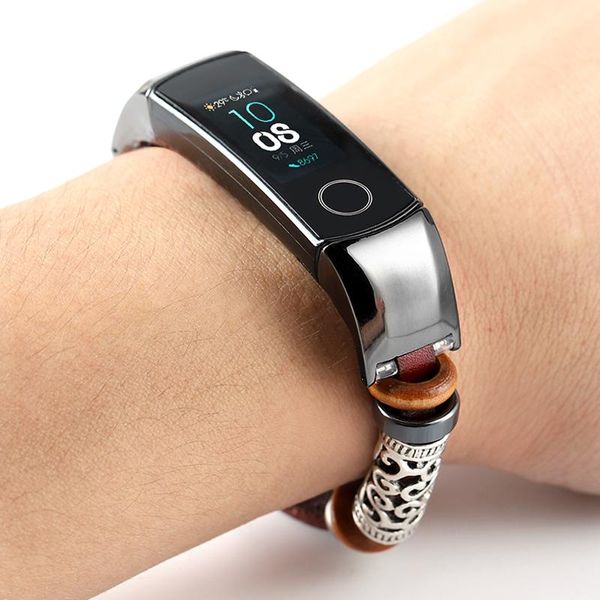 

watch bands bracelet for honor band 4 5 leather strap stainless steel decoration wristband, Black;brown