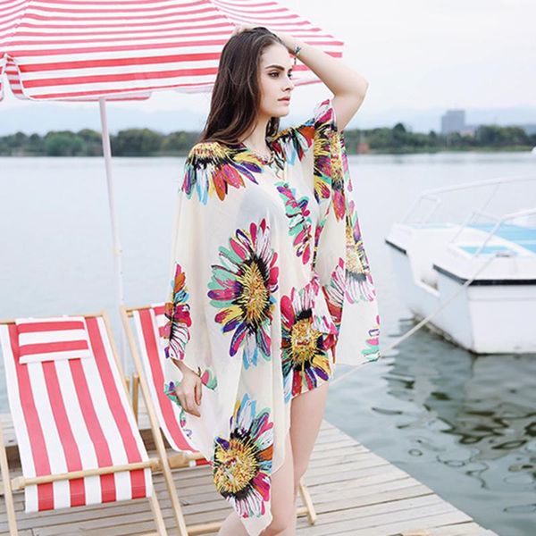

women's swimwear summer chiffon cover up floral beach blouses women kimono cardigan swimsuit, White;black