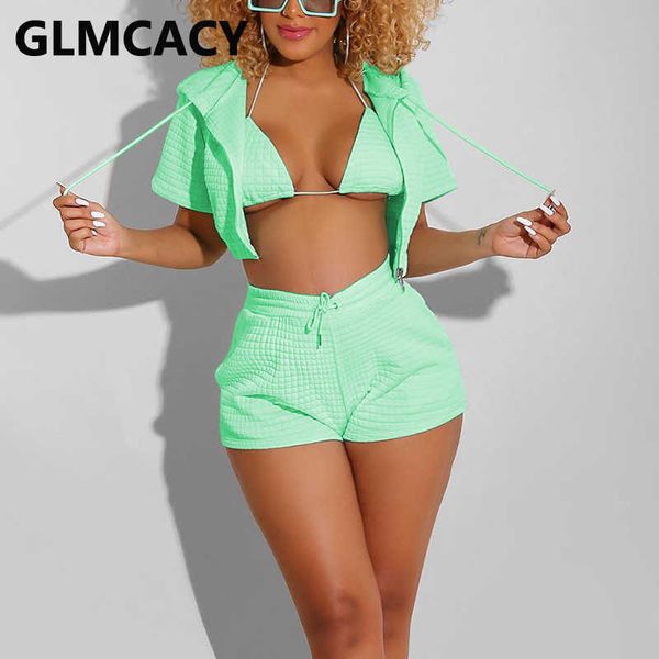 

two piece casual summer suits hooded & bodycon shorts set with bra 210702, White