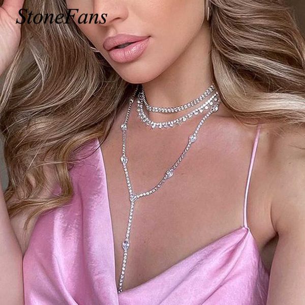 

stonefans fashion crystal long pendant necklace chains choker for women charm vintage statement necklace 2021 jewelry wholesale, Silver