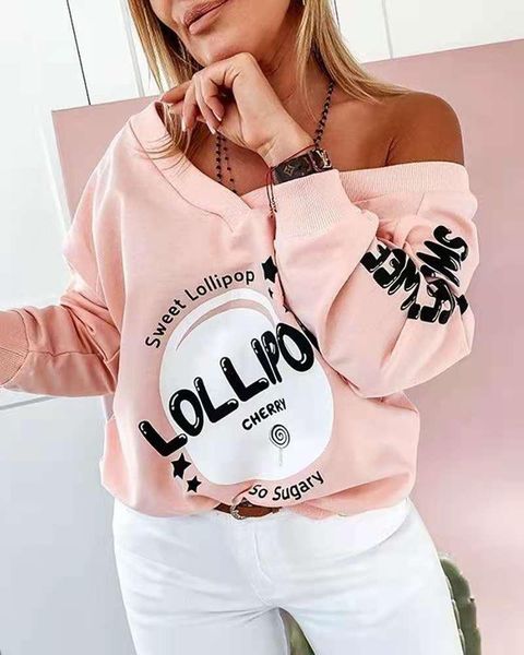 

women's hoodies & sweatshirts letter print sweatshirt women v neck hoodie, Black