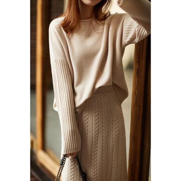 

two piece dress fashion twisted wool knit sweater skirt set, White