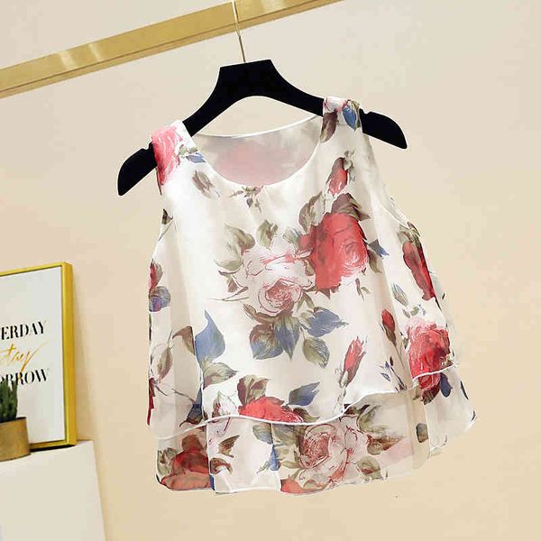 

suits sleeveless floral chiffon blouse short shirts summer vintage o-neck thin blouses vest female ladies shirt, White;black