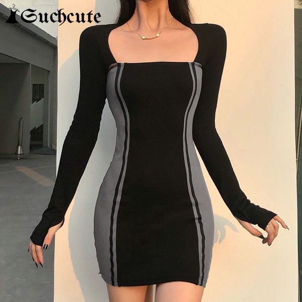 

casual dresses spring patchwork mini dress for women korean streetwear long sleeve bodycon 90s party night outfits yo5h, Black;gray
