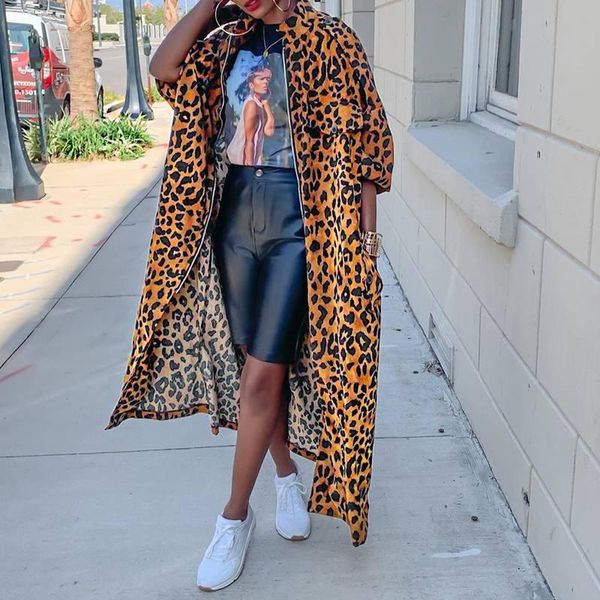 

women's jackets women jacktes 2021 autumn winter casual long sleeve v neck zipper maxi coats vintage leopard printed femininas, Black;brown