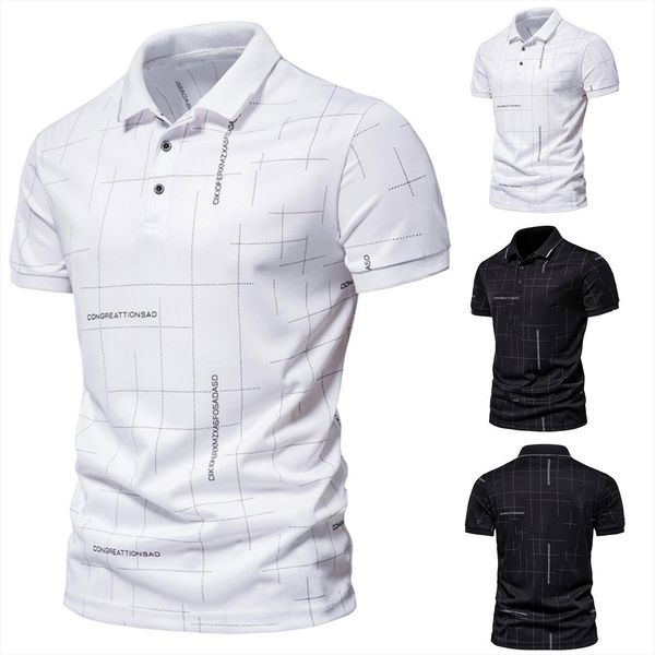 

shirts of summer clothing men polos tee dotted line bronzing print slim exercise lapel short sleeve, White;black