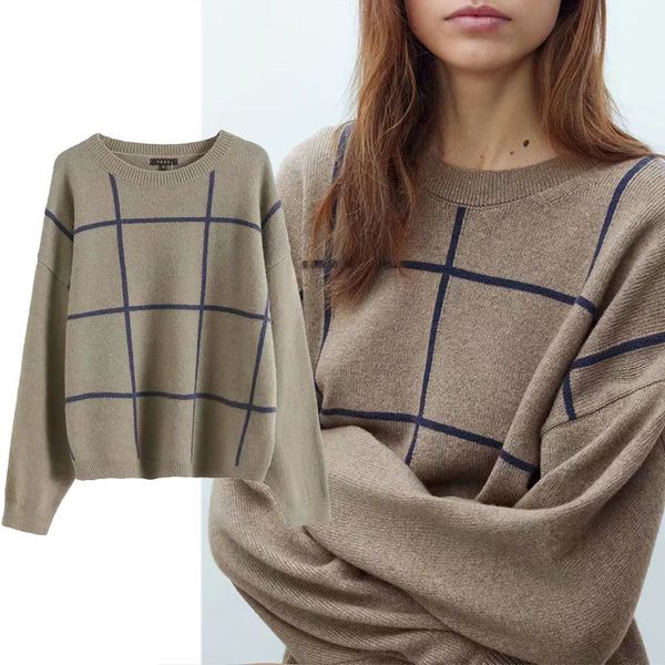 

women's sweaters za woman fashion sweaters check women's knitted vintage woman's long sleeve female casual jumper streetwear, White;black