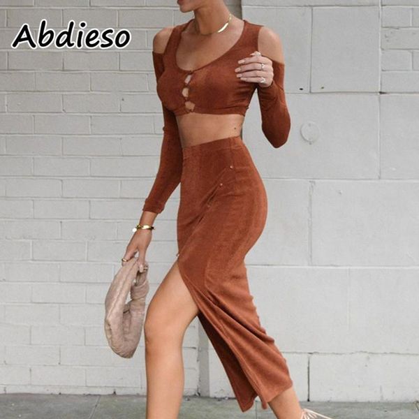 

casual dresses abdieso 2021 brown hollow out maxi bodycon dress for women 2 piece set long sleeve autumn winter split party, Black;gray