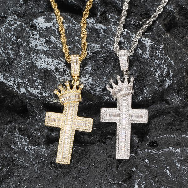 Collana con ciondolo croce di Gesù con corona di diamanti hip-hop, zircone ghiacciato con catena da tennis, regalo di gioielli rapper