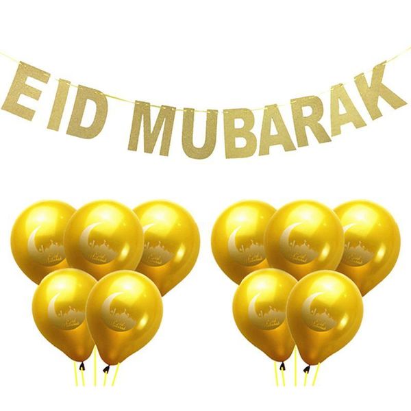 

party decoration eid mubarak balloons set muslim ramadan decor bunting garland gold glitter banner kit latex hanging flags