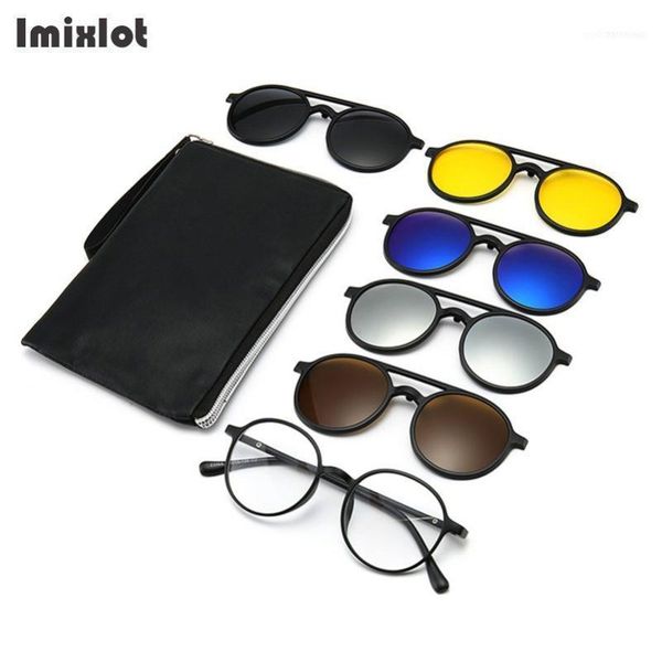 

6pcs/set vintage round polarized clip on sunglasses men women magnetic clips eyewear eyeglass optical frame night vision glasses1, White;black