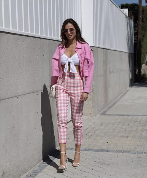 

women's pants & capris 2021 fashion pink plaid casual high waist chic summer straight tube versatile office elegant, Black;white