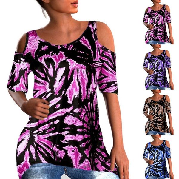 

women summer off shoulder print pullover short sleeve slim tie dye, White