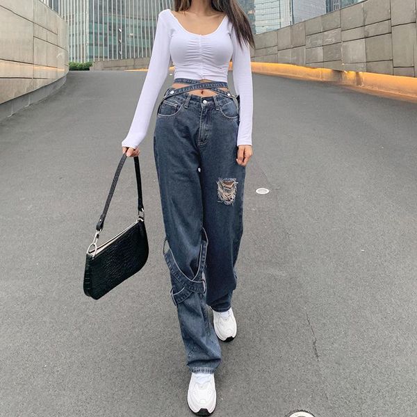 

female ripped hole jeans, high waist cross belt loose denim pants straight-leg for spring autumn, blue, s//l women's jeans
