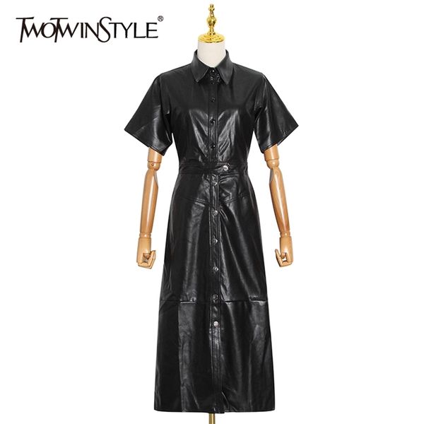Черное искусственное кожаное платье для женского отворота с коротким рукавом высокая талия MIDI платья мода одежда лето 210520