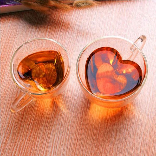 

mugs heart shaped heat-resisting double wall clear transparent glass tea cup handmade mini coffee mug layer 1pcs