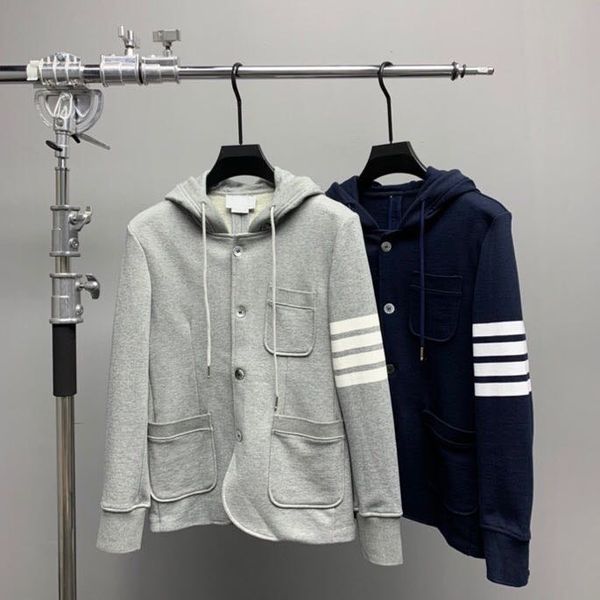 

downs fashion tb thom brand jacket men british casual suit slim fit men's blazer spring and autumn striped cotton hooded coat, Black