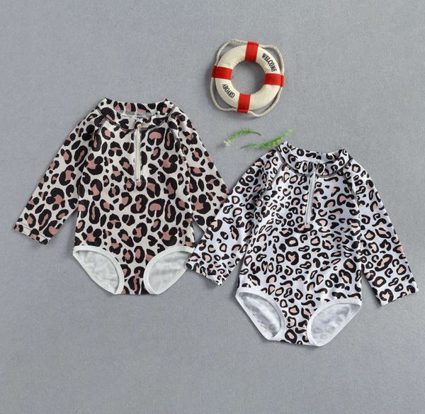 

children's suit girls' summer leopard pattern long sleeve zipper children's one piece swimsuit diving suit, Black