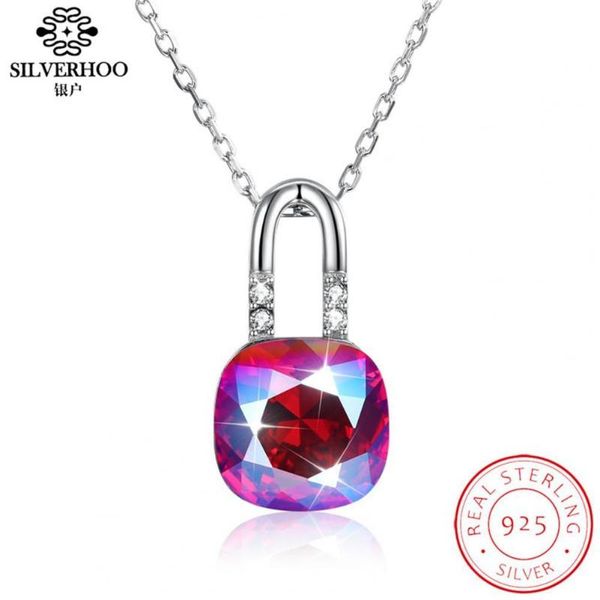 

chains silverhoo necklace big crystal s925 sterling silver lock pendant multicolor blue women fine jewelry gifts