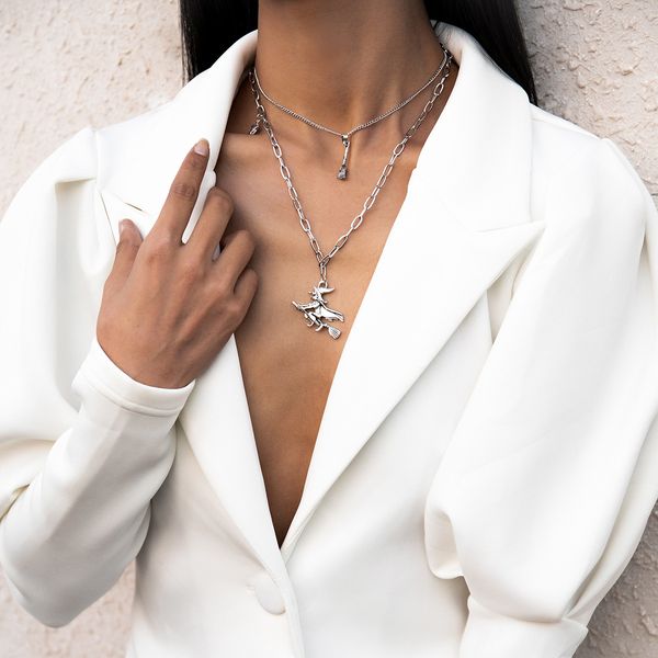 

2021 european and american style woman pendant necklaces simple retro multilayer tassel clavicle chain witch alloy necklace set jewelry gift, Silver