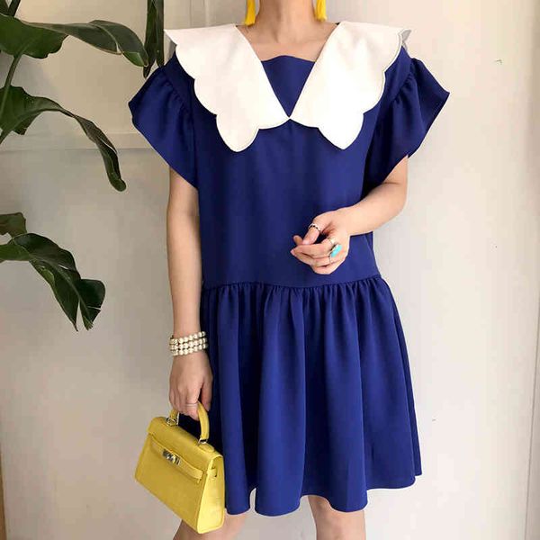 

fashion retro gentle yellow white wavy side big lapel contrast stitching loose lotus leaf sleeve dress women 16f0946 210510, Black;gray