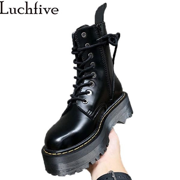 

boots thick bottom women black white british style lace up side zipper motorcycle autumn short for shoes woma